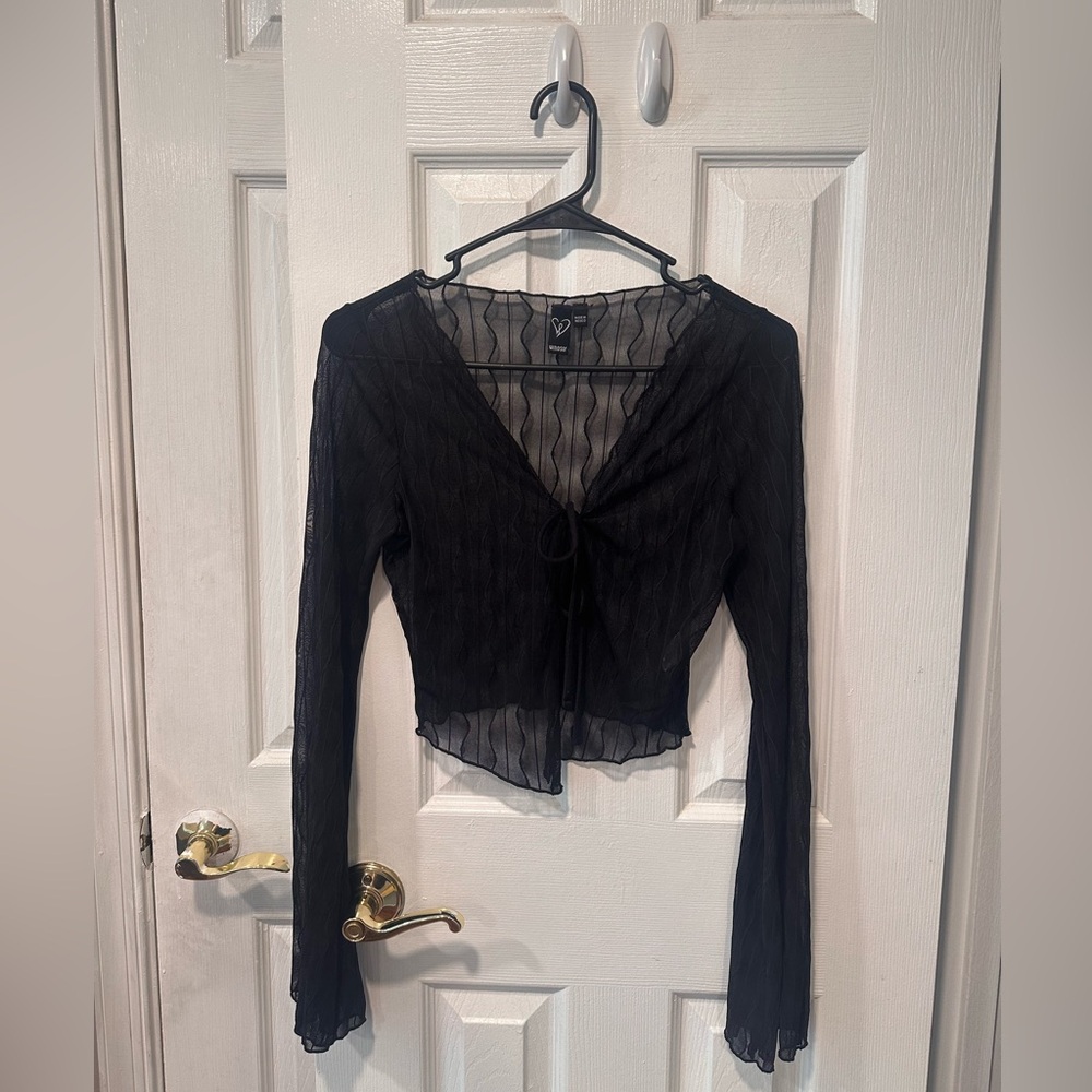 Sheer Black Tie-Front Long Sleeve Top